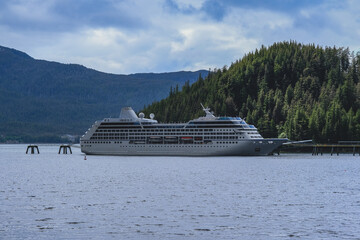 Classic luxury cruiseship cruise ship liner Regatta in Ward Cove port near Ketchikan with...