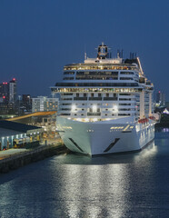 Mega modern cruise ship cruiseship liner Virtuosa in port of Southampton, Britain sail away for...