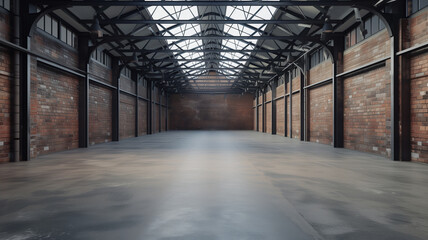 A vast empty old warehouse interior in industrial loft style, with weathered brick walls, a sturdy concrete floor. - obrazy, fototapety, plakaty