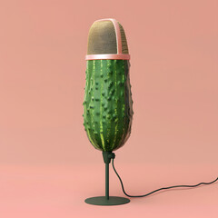 Conceptual artwork of microphone fused with cucumber in the style of natural sound