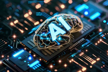 AI Brain Chip soc. Artificial Intelligence visual perception mind rfic axon. Semiconductor n type circuit board brain tumor clinical trials - obrazy, fototapety, plakaty