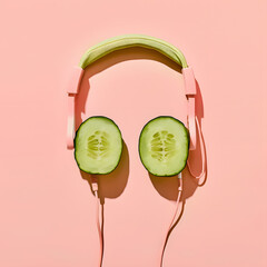 Minimal conceptual artwork of an urban music in the style of earphones like a sliced cucumber isolated on the pastel peach color backgorund. 