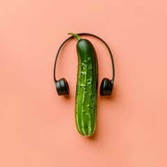 Conceptual minimal artwork of a cucumber with black earphones in the style of urban music culture. 