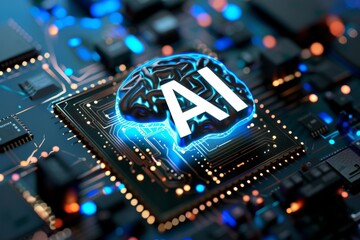 AI Brain Chip craniotomy. Artificial Intelligence microservice mind acetylcholine axon. Semiconductor gpu slot circuit board unbuffered ram - obrazy, fototapety, plakaty
