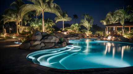 Tranquil resort poolside with lush palm trees at night