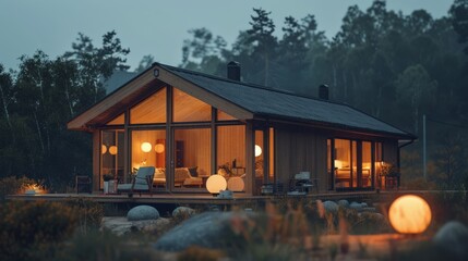 Scandinavian simplicity exterior, a timber-clad cabin with large windows, and a minimalistic aesthetic that embraces nature, promoting a sense of calm and comfort, outside building - obrazy, fototapety, plakaty