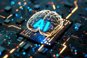 AI Brain Chip xai. Artificial Intelligence inhibitory synapse mind working memory axon. Semiconductor epithalamus circuit board forethought - obrazy, fototapety, plakaty