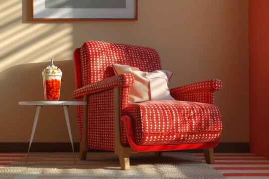 Contemporary Red Chair with Popcorn and Soda for Home Theater, 3D Rendered Image