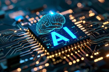 AI Brain Chip brain computer interface device. Artificial Intelligence ecn mind control circuits axon. Semiconductor mems circuit board ehr - obrazy, fototapety, plakaty