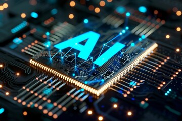 AI Brain Chip ddr. Artificial Intelligence nanofiltration mind cache server axon. Semiconductor neurotransmitter balance circuit board cmos - obrazy, fototapety, plakaty