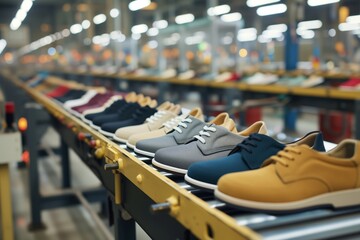 rows of new shoes on a conveyor belt in a factory - obrazy, fototapety, plakaty