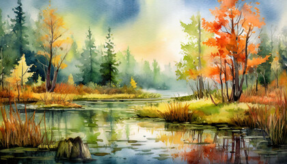 Jesienny krajobraz w stylu akwareli, mokradła, bagno, tapeta, dekoracja. Generative AI