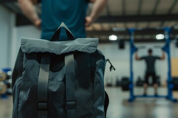 sports bag in foreground with blurred person lifting weights behind - obrazy, fototapety, plakaty