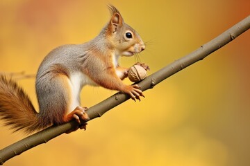 squirrel dangling from branch with walnut - obrazy, fototapety, plakaty
