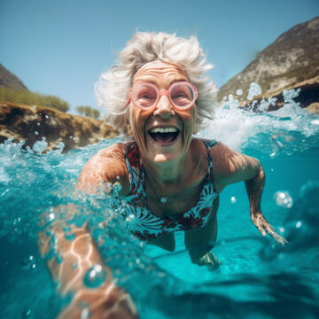 Seaside Bliss: Happy Mature Senior Woman Embracing the Waves with a Radiant Smile