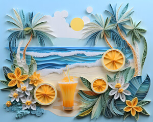 Obraz premium Abstract summer concept in papercut style with ocean waves, cocktails lemonade and palms