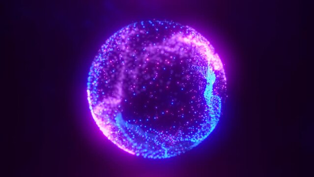 Abstract blue purple glowing digital high-tech futuristic energy plasma sphere with lines and particles on dark black background. Video in high quality 4k, motion design. Big data concept