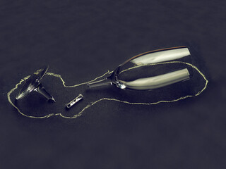 Broken tall elegant flute champagne glass on dark surface outlined with white chalk. Abstract...