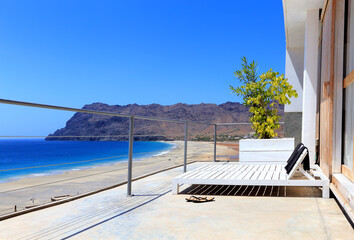 Terrace with sunloungers, Praia de Sao Pedro, Island Sao Vicente, Cape Verde, Cabo Verde, Africa.