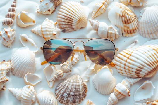 sunglasses with seashells collected around them