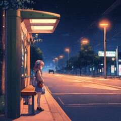 A cute anime lofi girl waits at an empty bus stop at night