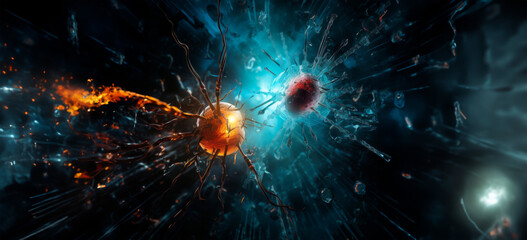 An incandescent spider is propelled through a shattered dimension with blue energy streaks. - obrazy, fototapety, plakaty