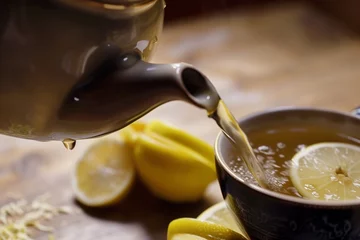 Fototapeten closeup of a teapot spout as hot tea is poured into a cup with lemon © studioworkstock