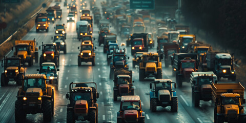 farmers' strike, a huge number of tractors blocked the highway and state border - obrazy, fototapety, plakaty