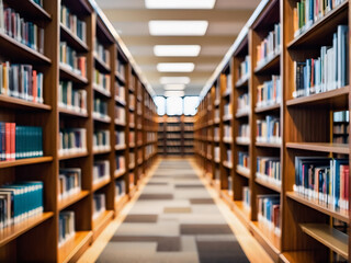 defocused imagery of a public library interior with bookshelves for business or educational...