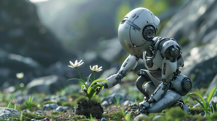 Illustration, an image of a humanoid robot planting a flower, metaphorically symbolizing the growth and evolution of robotic technology. Nature and robots. - obrazy, fototapety, plakaty