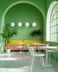 Minimalist Cafe Space with a Harmony of Greenery and Pastel Seating Comfort