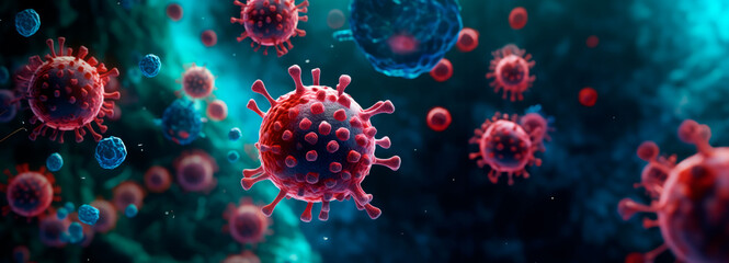 3D depiction of red coronavirus particles floating in a blue environment, highlighting the urgency for medical solutions. - obrazy, fototapety, plakaty