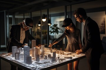 Male and female architects wearing augmented reality glasses work with a 3D model of the city. High-tech specialists in offices use software to simulate virtual reality.