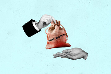 Composite creative art collage of two hands one give bribe other take encouragement motivation...