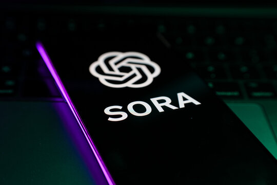 Sora OpenAi new text to video AI model. Sora and Openai logo on screen.