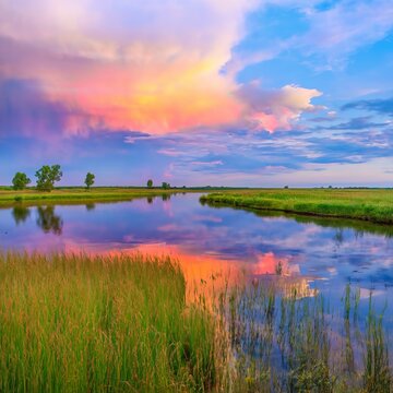 Panorama of the Izvarka river on a cloudy May day. Evening rural landscape with flood waters, marsh meadow grass