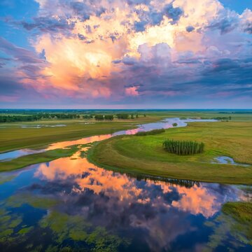 Panorama of the Izvarka river on a cloudy May day. Evening rural landscape with flood waters, marsh meadow grass