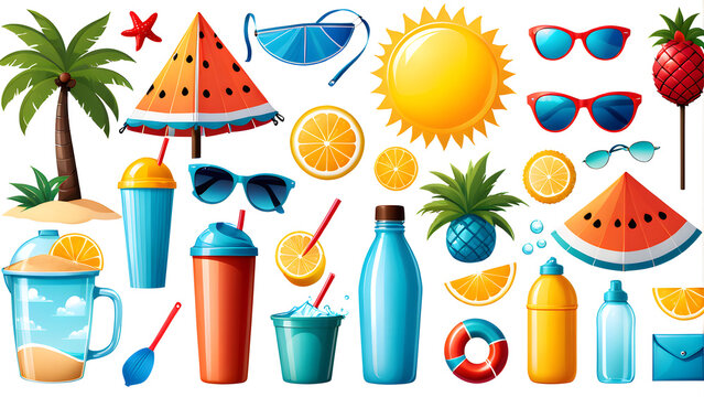 in this illustration image, there is a set of isolated summer beach icons representing various summer items