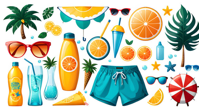 in this illustration image, there is a set of isolated summer beach icons representing various summer items