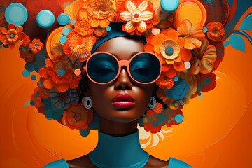 Modern pop art portrait of pretty woman in sunglasses on bright orange background. Contemporary drawing painting poster of stylish fashion people in vintage retro style