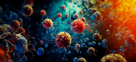 Microscopic view of viruses with a fiery backdrop, symbolizing fever and inflammation responses.
