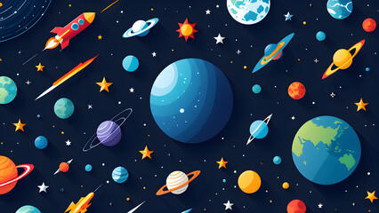 In this illustration image, there is a flat space design background featuring planets and stars, with ample copy space for additional elements.
