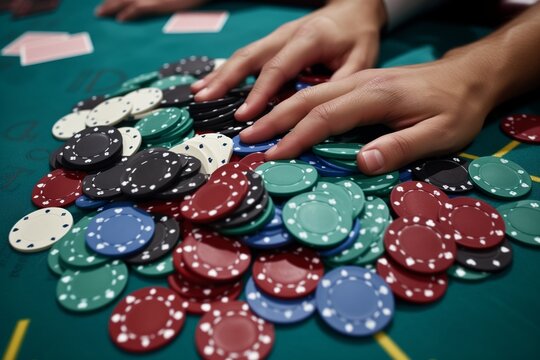 piles of poker chips on a green felt table, hands reaching out