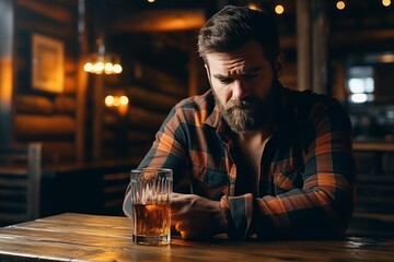 Depressed man drinking whiskey and contemplating life, drowning sorrows in alcohol - obrazy, fototapety, plakaty