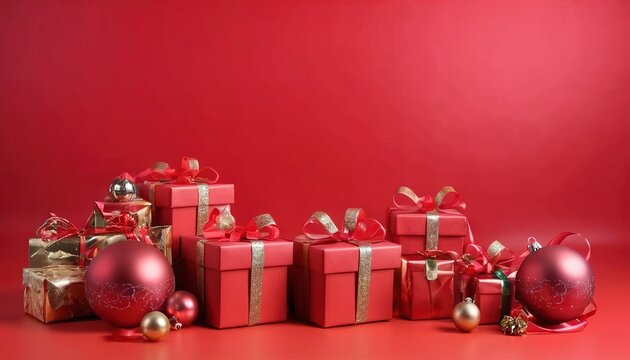 Podium on festive celebrations for christmas and new year party christmas balls ribbons gift boxes on red background.
