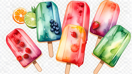 illustration image, there is an assortment of cold summer fruit popsicles isolated on a white background, featuring illustrations of ice cream and various fruits.