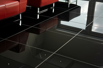 reflections of furniture on highgloss black floor tiles
