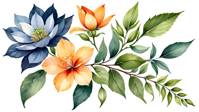 watercolor illustration image, there are delicate flowers, floral illustrations, leaves, and buds forming a botanic composition suitable for wedding cards, bouquets, decorations, invitations. © Udayakumar