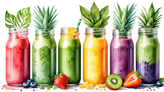 watercolor illustration image, there is a row of healthy fresh fruit and vegetable smoothies depicted in vibrant illustrations.