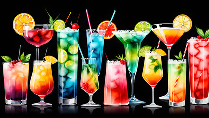 illustration image, there is a variety of colorful cocktails and long drinks, adorned with lime, depicted on an isolated black background.